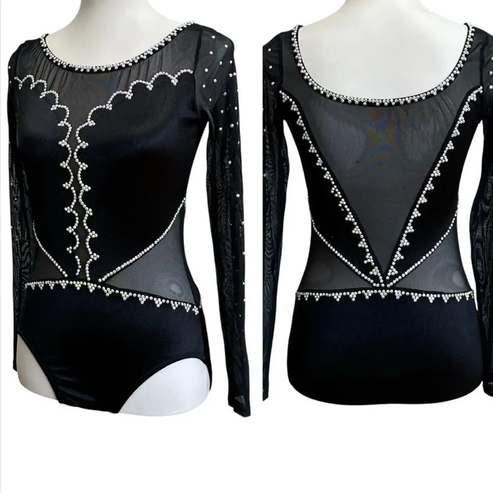 Custom solo costume black long sleeve scalloped rhinestone dance leotard SA adul
